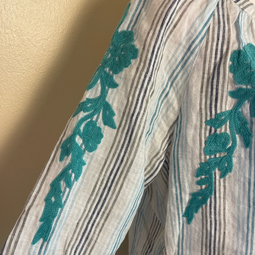 J Jill Love Linen Top L Petit Blue Stripe Embroidery Peasant Blouse Coastal Boho - Picture 6 of 14